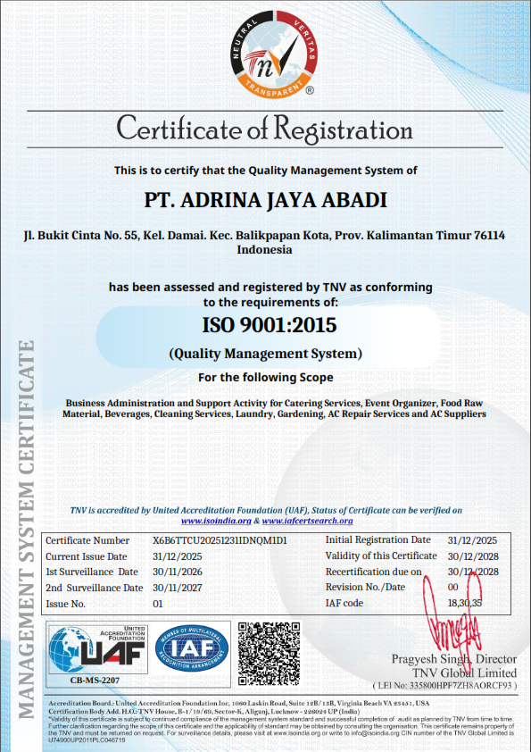 Sertifikat ISO 9001:2015 PT Adrina Jaya Abadi